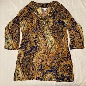 Soft Surroundings Gold Paisley Tunic | 3/4 Sleeve | Embellished Neckline‎